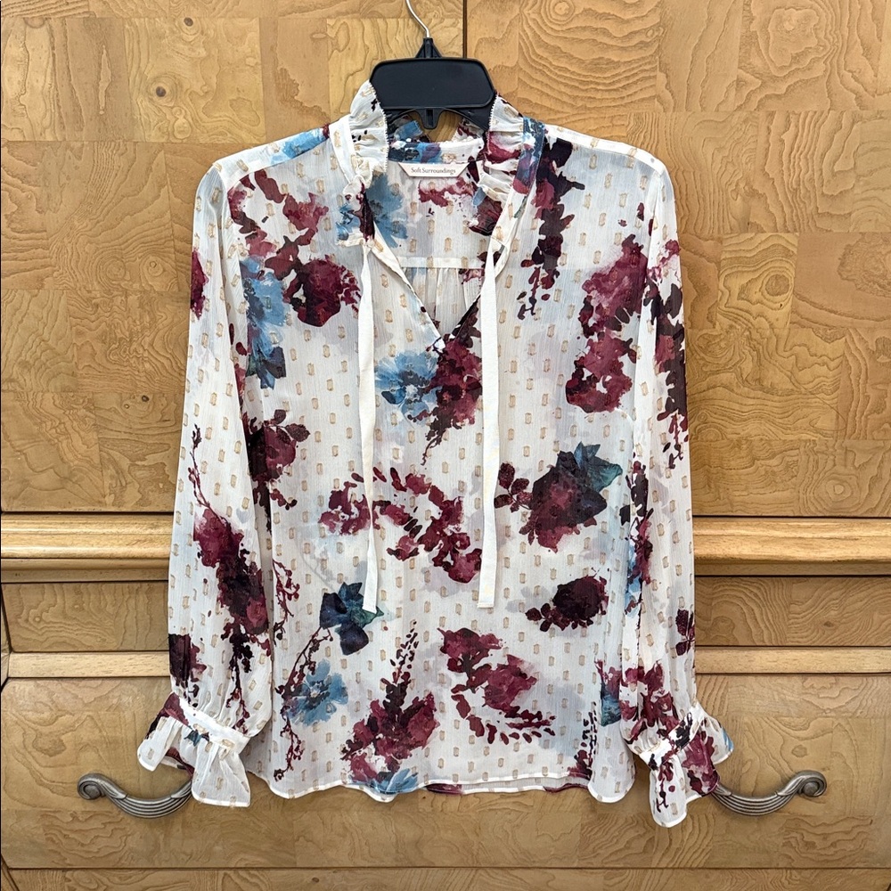 Soft Surroundings Cream Floral Tie-Neck Blouse with Burgundy & Teal Accents